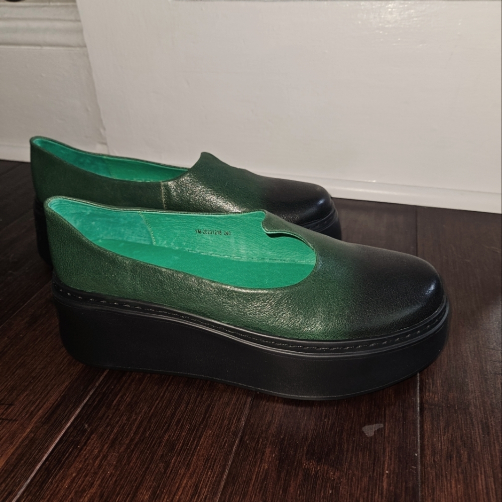 Womens splicing platform shoes blackish green leather SooLinen